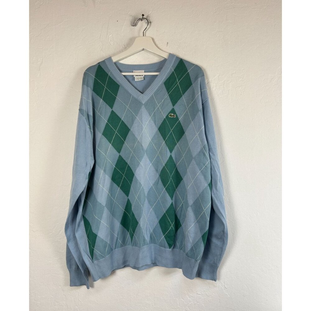 Lacoste Mens Argyle V-Neck Pullover Sweater Size 8 Blue Green 100% Cotton F5178